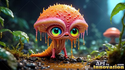 On the muddy forest floor, a small orange mushroom creature stares with wide green eyes
