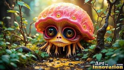 Crouching on forest ground, a pink mushroom creature looks ahead with big eyes