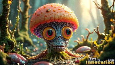 A small mushroom creature with big eyes sits in a mossy forest
