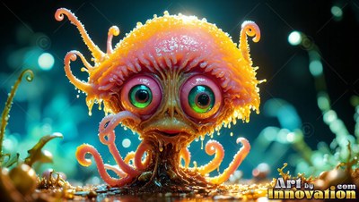 Pink tentacles curl beneath a wide-eyed mushroom creature resting in a dark blue forest
