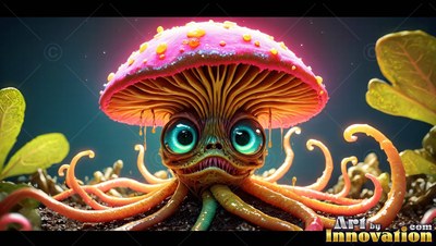 A small mushroom creature sits on the ground with its tentacles spread under bright pink rim light