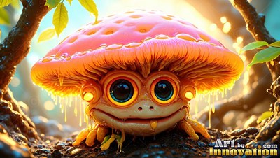 Facing forward on the forest floor, a frog-like creature wears a red mushroom cap