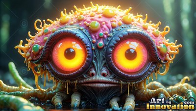A weird little bug with huge bright yellow eyes sits close up on the dark forest floor