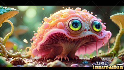 On a mossy forest floor, a pink mushroom creature sits with big green eyes