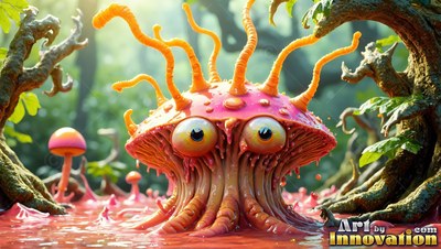 Wading in red liquid, a pink mushroom creature stares with big yellow eyes