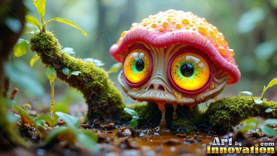 A tiny mushroom creature with big yellow eyes rests on a mossy branch