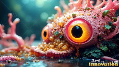Round yellow eyes bulge from a spiky pink critter resting in dark shallow water