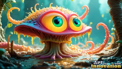 A wide-eyed mushroom creature rests on wet ground under soft green light
