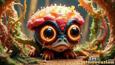 Crouching low on dirt, a big-eyed orange creature rests under twisted roots