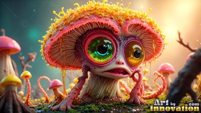 A little mushroom creature with huge round eyes crawls on the forest floor