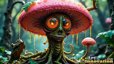 In a green forest, a small mushroom creature watches with huge orange eyes