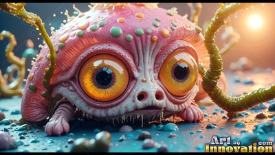 Crouching low, a pink round creature with large yellow eyes rests on blue ground