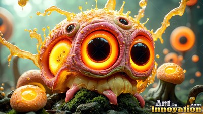 Round orange creature with large dark eyes resting on moss
