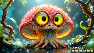 Large yellow eyes stare out from a pink mushroom creature sitting in a dim forest floor