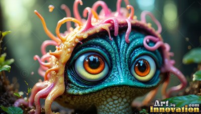 A tiny blue creature looks up with large orange eyes under soft daylight outdoors