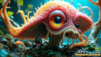 Crouched low in a forest, a pink mushroom monster stares forward with one huge eye