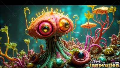 A small orange critter with big round eyes sits among tiny yellow mushrooms