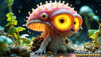 In a damp forest bed, a pink mushroom creature sits with bright yellow eyes