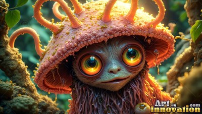 Peeking out, a small creature wears a pink mushroom cap over big yellow eyes