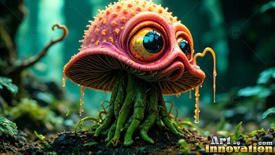 Small pink mushroom creature with big eyes on the forest floor