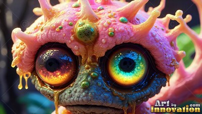 Pink spiky coral rests on the head of a small creature with huge bright eyes outdoors in daylight