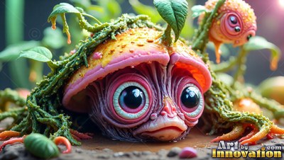 A big-eyed pink creature peeks out from under a mossy shell in warm sunlight