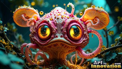 Facing forward in the woods, a pink mushroom monster stares with huge yellow eyes
