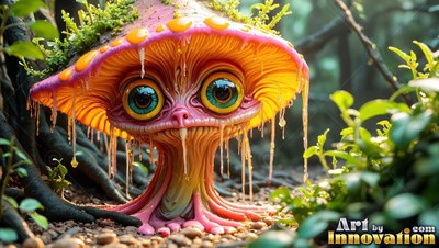 A small mushroom creature with big round eyes stands on the mossy forest floor