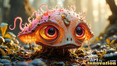 On a damp forest floor, a pink mushroom creature sits with huge red eyes
