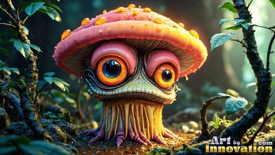 Staring forward, a tiny mushroom creature rests on the dark forest floor