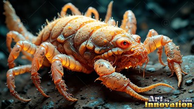 An orange bug-like creature crawls over dark rocks