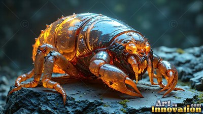 An amber shell covers a tiny crablike bug crawling on a damp stone in dim light