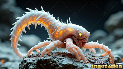 A spiny white creature crawls on a rock with warm yellow light shining inside its body