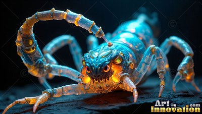 Crawling forward on dark ground, a blue scorpion curls its yellow tail
