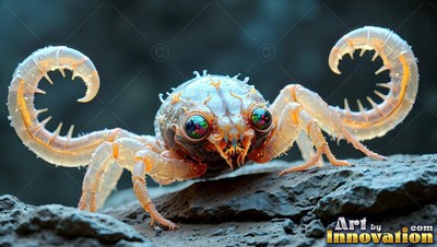 A pale fantasy crab with big eyes perches on a dark rock with its spiky tails curled up