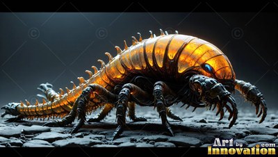 On dark rocky ground, a spiky golden bug with blue eyes crawls forward