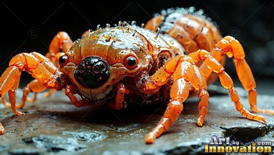 Crawling across wet stone, a spiny orange bug stares ahead on thick jointed legs