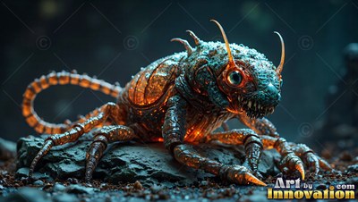 A spiny blue bug with orange lights crouched on dark rocks