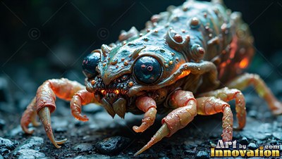 Large dark round eyes sit on a bumpy teal bug crawling on dark wet ground