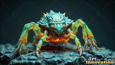 A spiky green critter crawls on dark stone with warm light shining under its belly