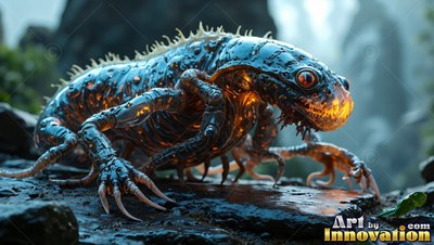 Crawling low on dark rocks, a spiny lizard shines with warm yellow light