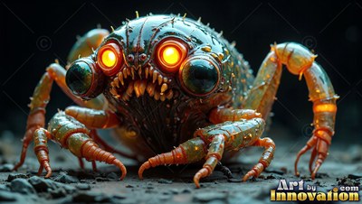 A little crab monster with bright orange eyes and sharp teeth crawls on dark dirt