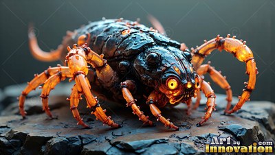 On a dark rock, a spiky bug crouches on orange legs with wide yellow eyes