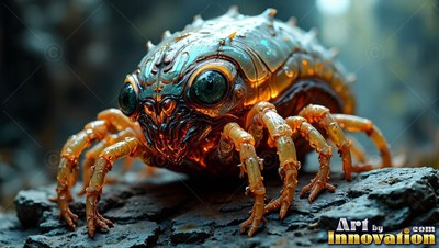 Crawling on rough bark, a spiny beetle with huge dark eyes shines in warm orange light