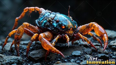 A blue and amber crab monster creeps over dark gravel