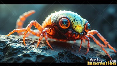 Large shiny eyes stare from an orange crab bug resting on a dark rock in soft light