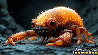 An orange bug crouches on dark gravel with light shining through its shell