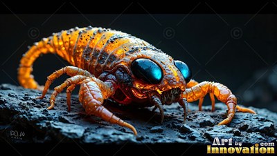 Crawling low on dark rock, an orange bug with big blue eyes lifts its tail