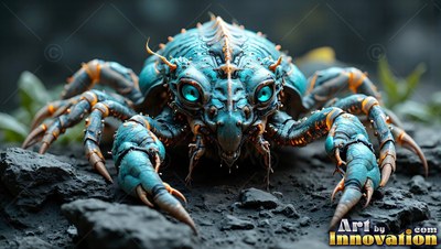 A spiky blue crab with round turquoise eyes crawls across dark rocks