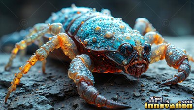 On dark rock, a blue and amber crablike bug crawls forward on spindly legs